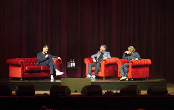 Jurgen Klopp, Peter McDowall and John Bishop during an event at the M&S Bank Arena Liverpool to say goodbye to Liverpool manager Jurgen Klopp. Photo credit: Peter Byrne/PA Wire.